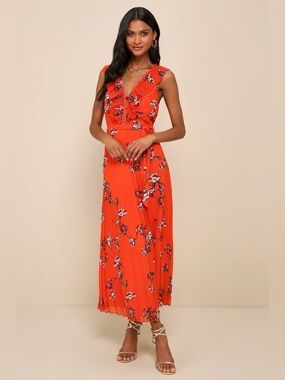 ❤️ 🧡 Red/Orange Floral Pleated Midi Dress – Ruffle Detail – Size Small